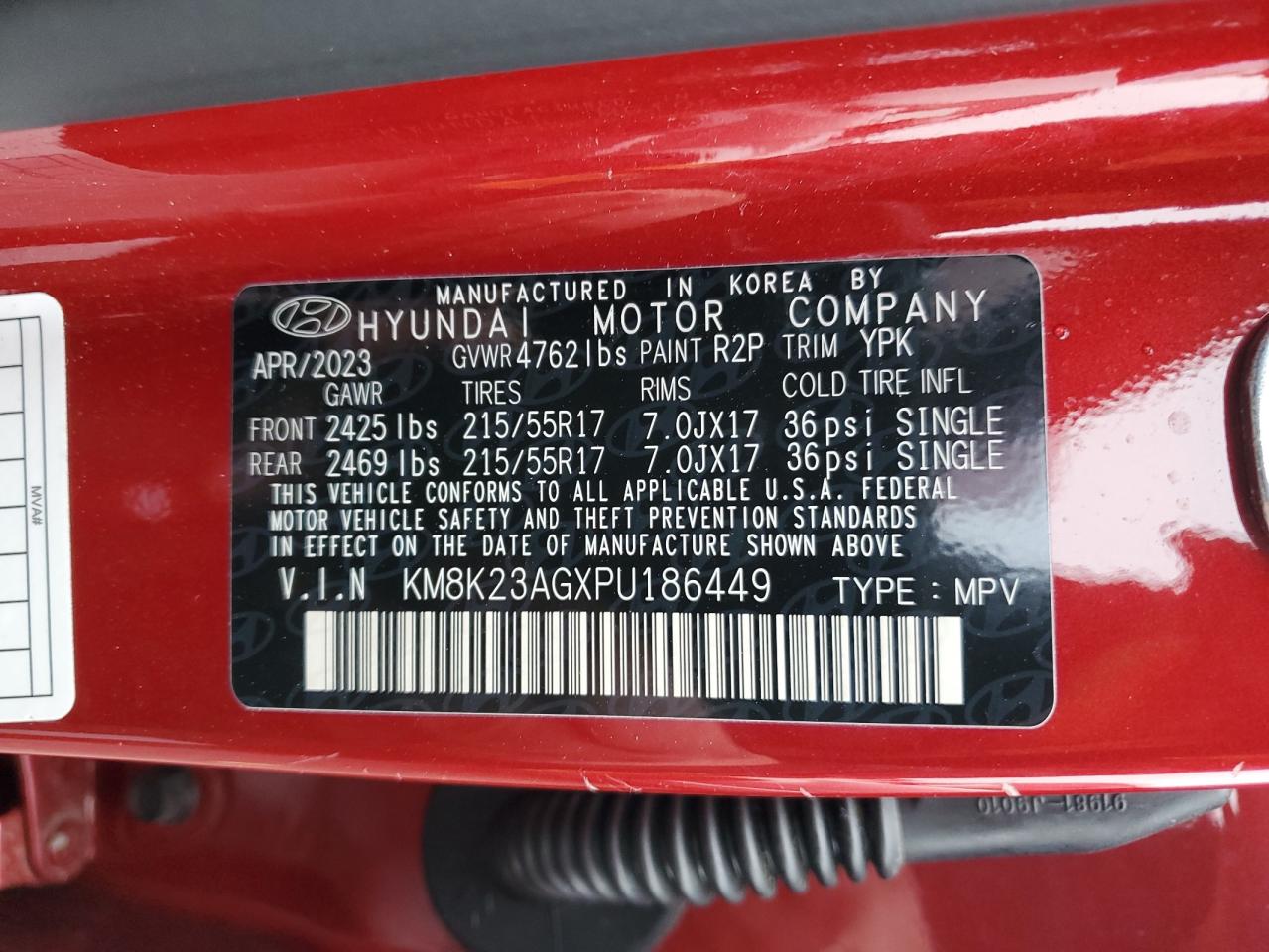 2023 Hyundai Kona Se vin: KM8K23AGXPU186449