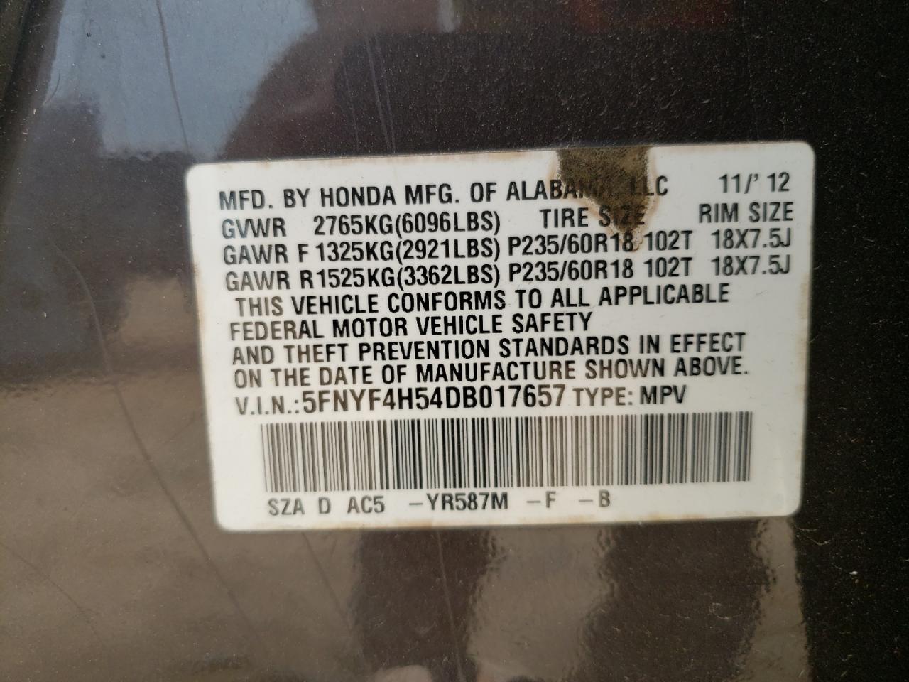 5FNYF4H54DB017657 2013 Honda Pilot Exl