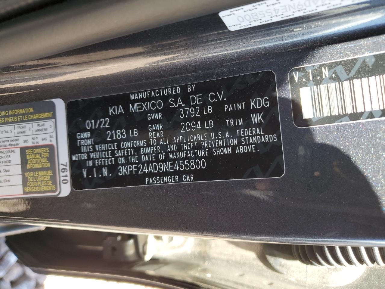 3KPF24AD9NE455800 2022 Kia Forte Fe