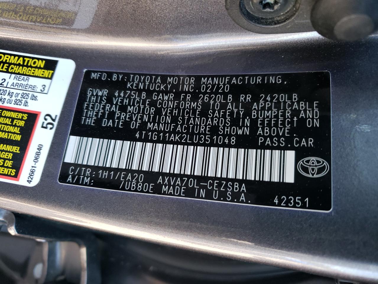 4T1G11AK2LU351048 2020 Toyota Camry Se