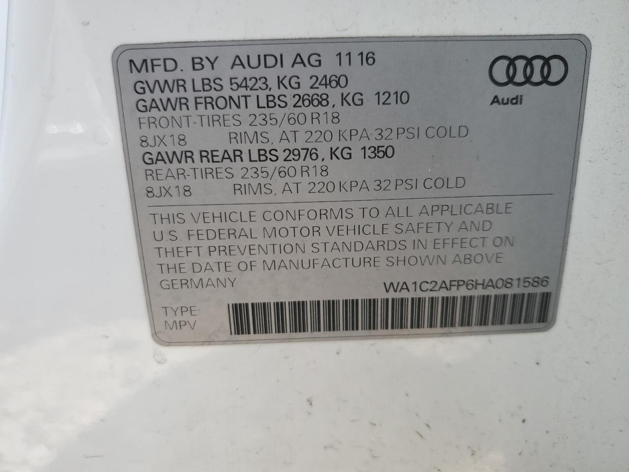 WA1C2AFP6HA081586 2017 Audi Q5 Premium