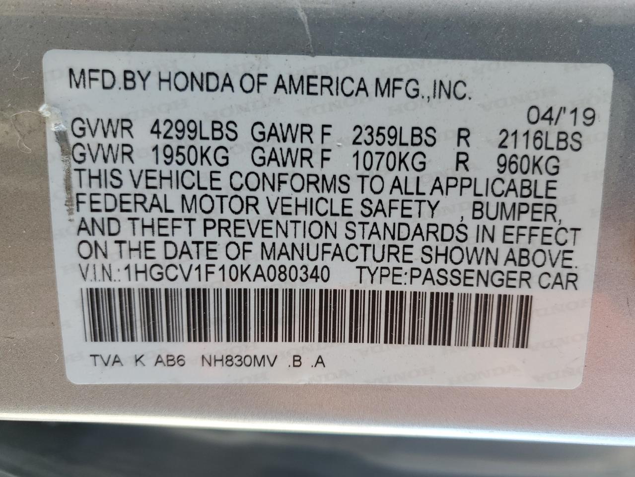 1HGCV1F10KA080340 2019 Honda Accord Lx