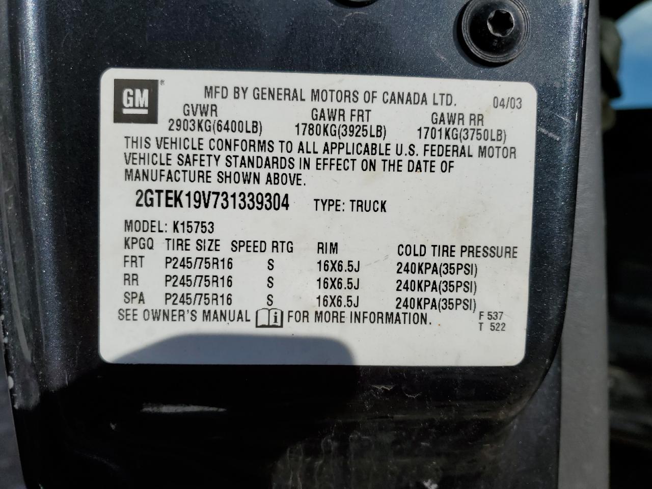 2GTEK19V731339304 2003 GMC New Sierra K1500