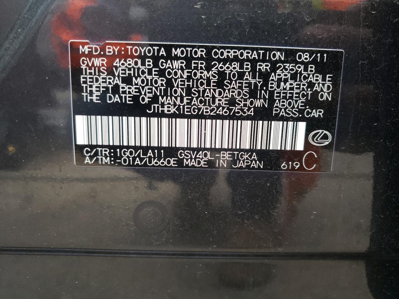 JTHBK1EG7B2467534 2011 Lexus Es 350