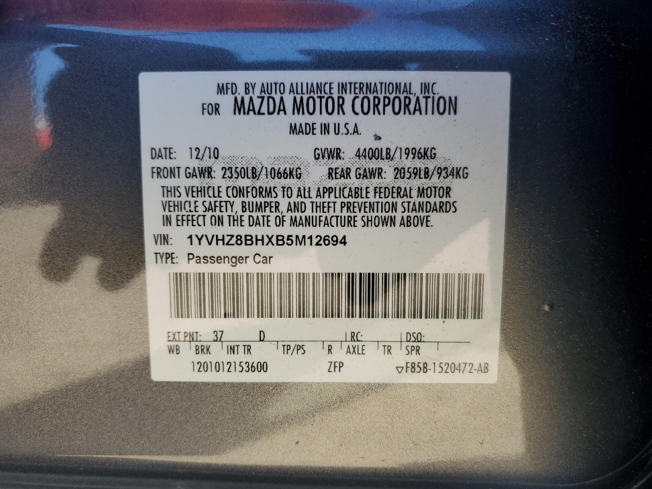 1YVHZ8BHXB5M12694 2011 Mazda 6 I