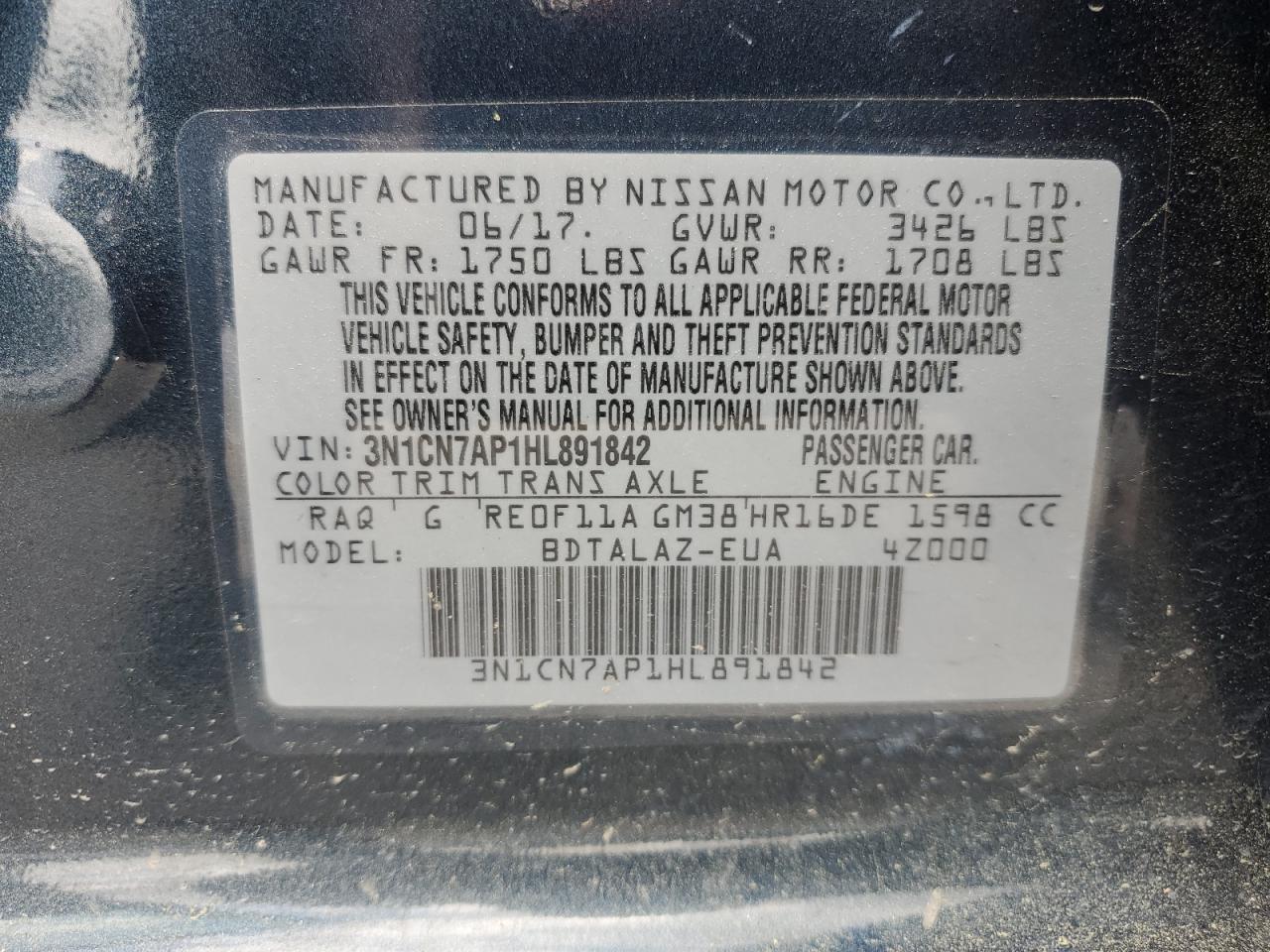 2017 Nissan Versa S vin: 3N1CN7AP1HL891842