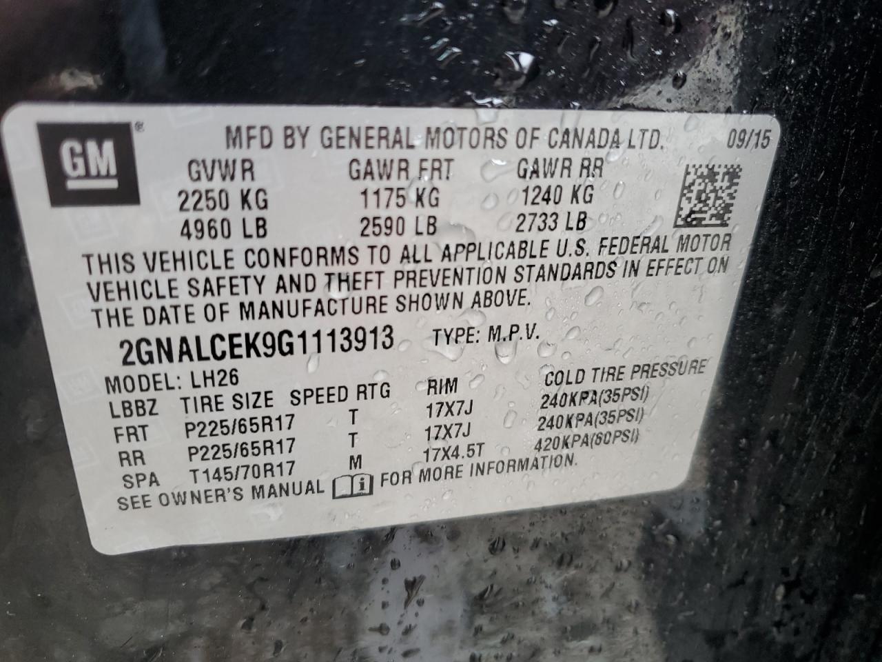 2GNALCEK9G1113913 2016 Chevrolet Equinox Lt