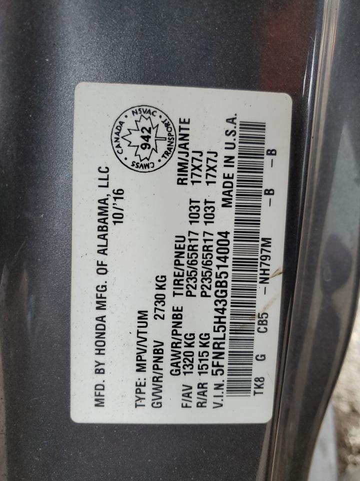 5FNRL5H43GB514004 2016 Honda Odyssey Ex