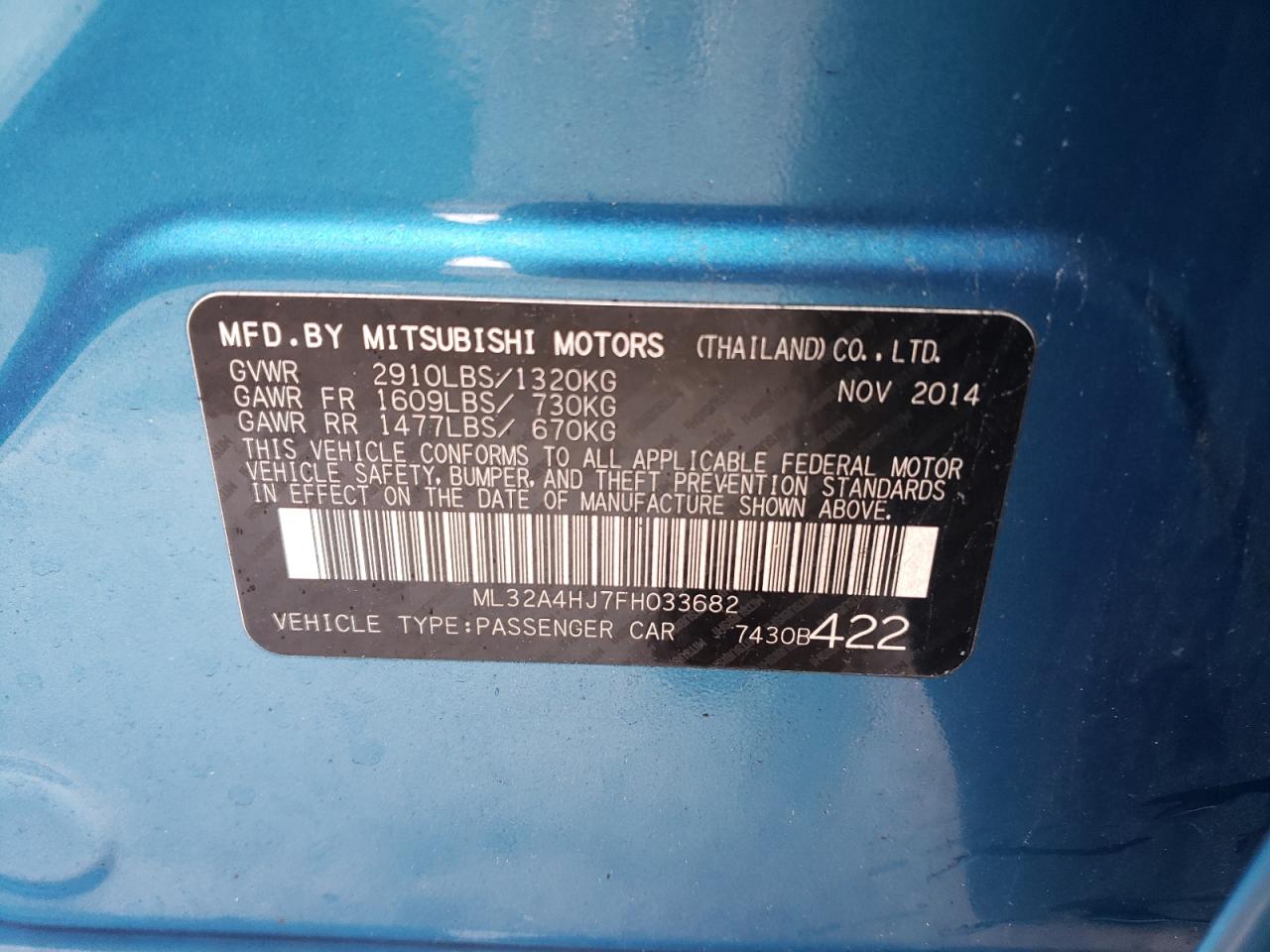 ML32A4HJ7FH033682 2015 Mitsubishi Mirage Es