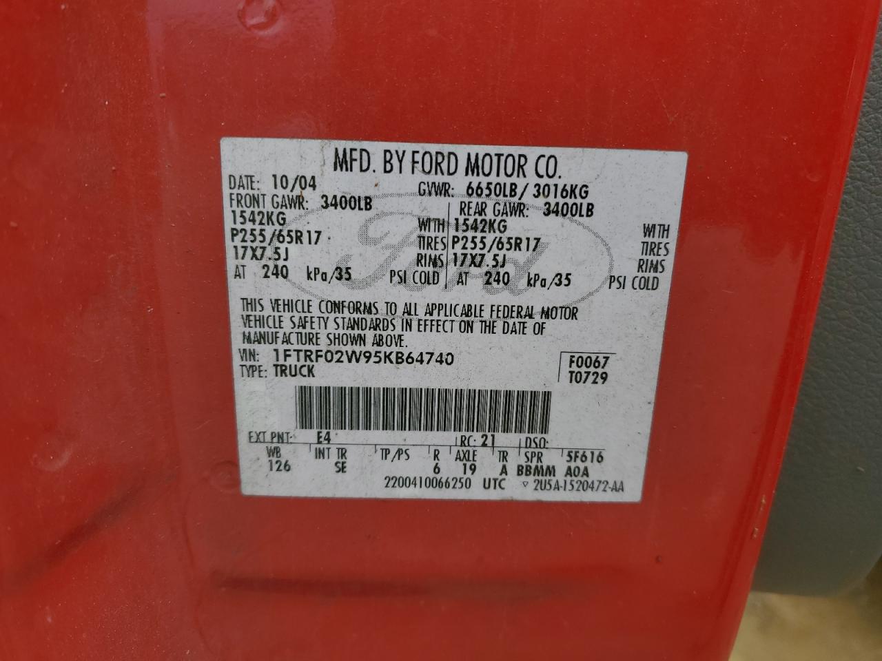 1FTRF02W95KB64740 2005 Ford F150