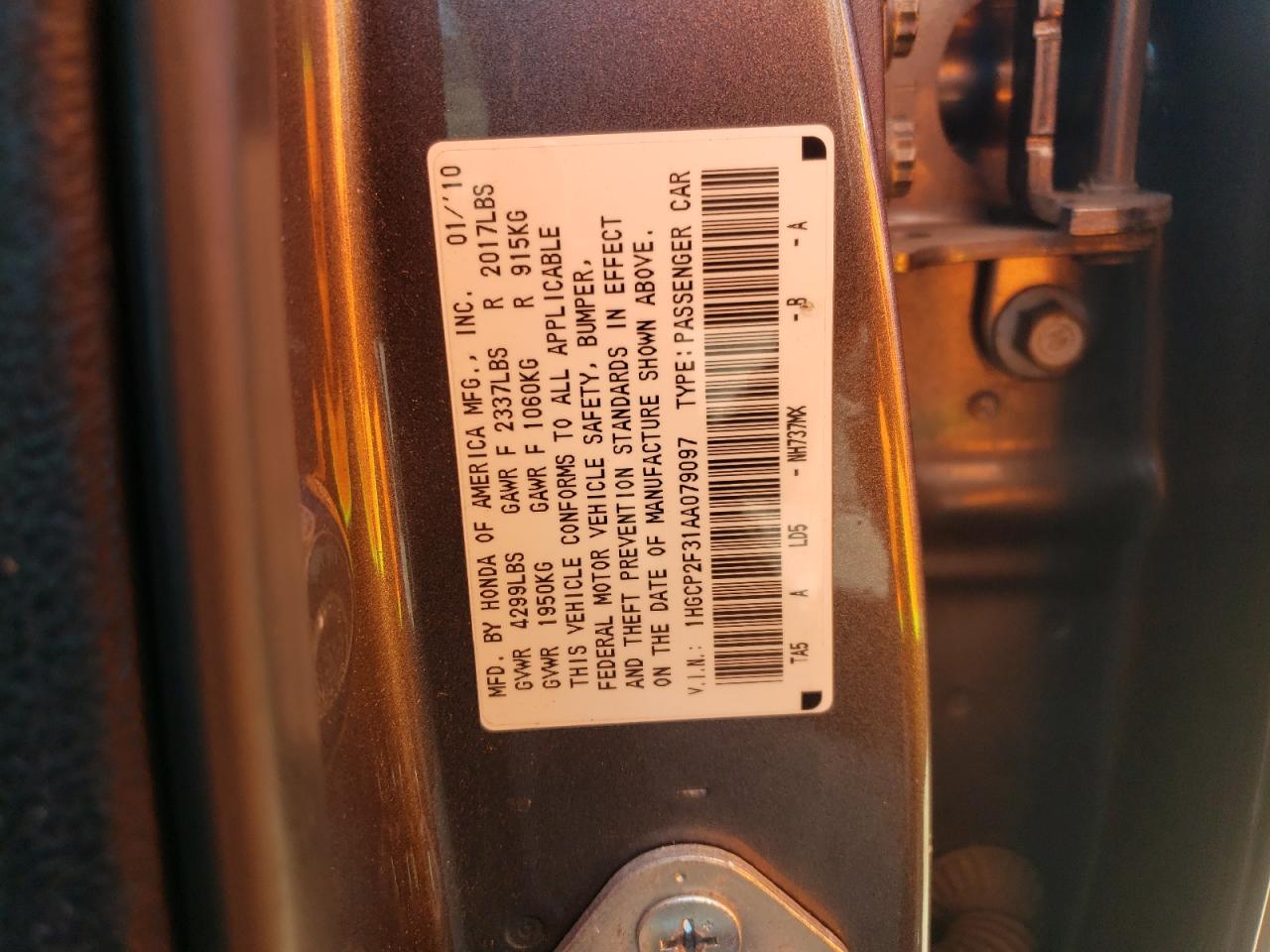 1HGCP2F31AA079097 2010 Honda Accord Lx