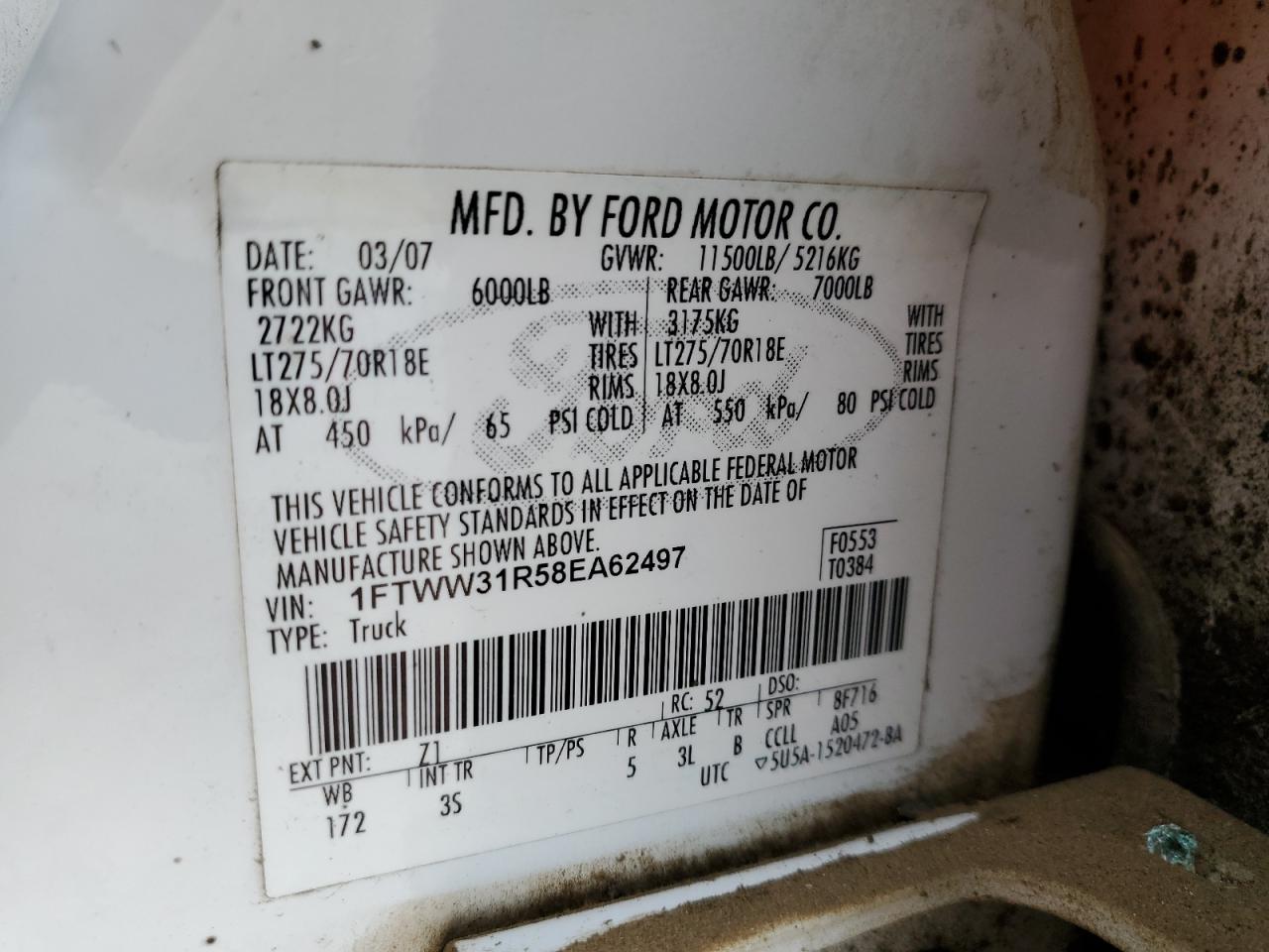 1FTWW31R58EA62497 2008 Ford F350 Srw Super Duty