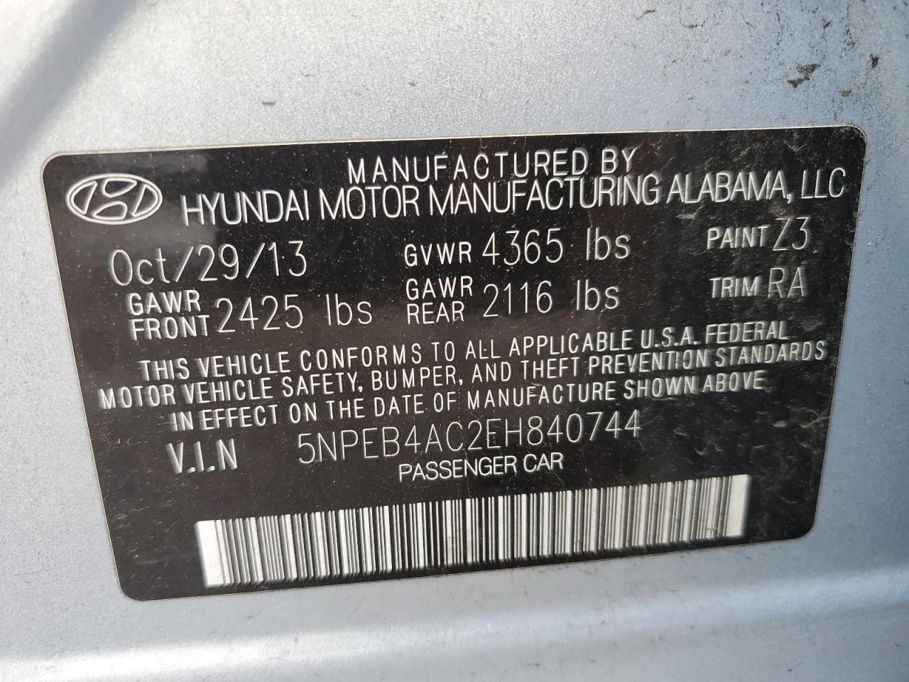 5NPEB4AC2EH840744 2014 Hyundai Sonata Gls