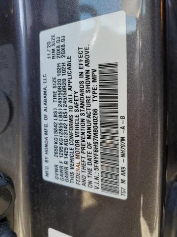 2021 Honda Pilot Touring VIN: 5FNYF6H97MB040266 Lot: 51236784