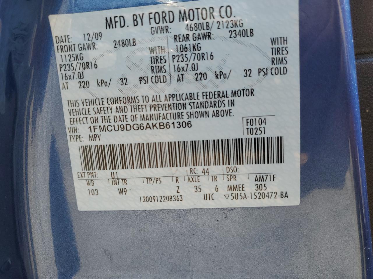 1FMCU9DG6AKB61306 2010 Ford Escape Xlt