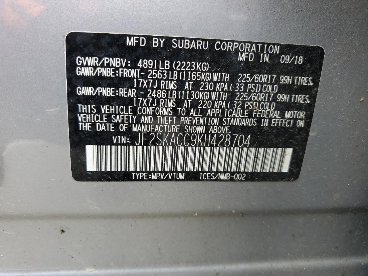 JF2SKACC9KH428704 2019 Subaru Forester