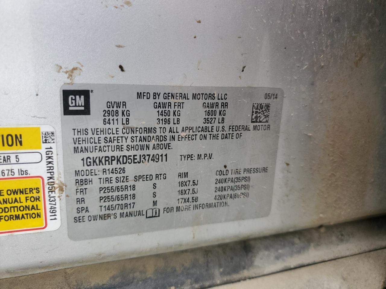 1GKKRPKD5EJ374911 2014 GMC Acadia Sle