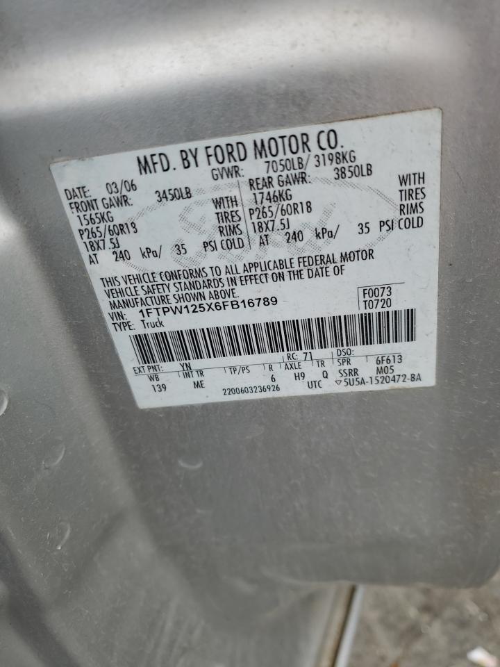 1FTPW125X6FB16789 2006 Ford F150 Supercrew