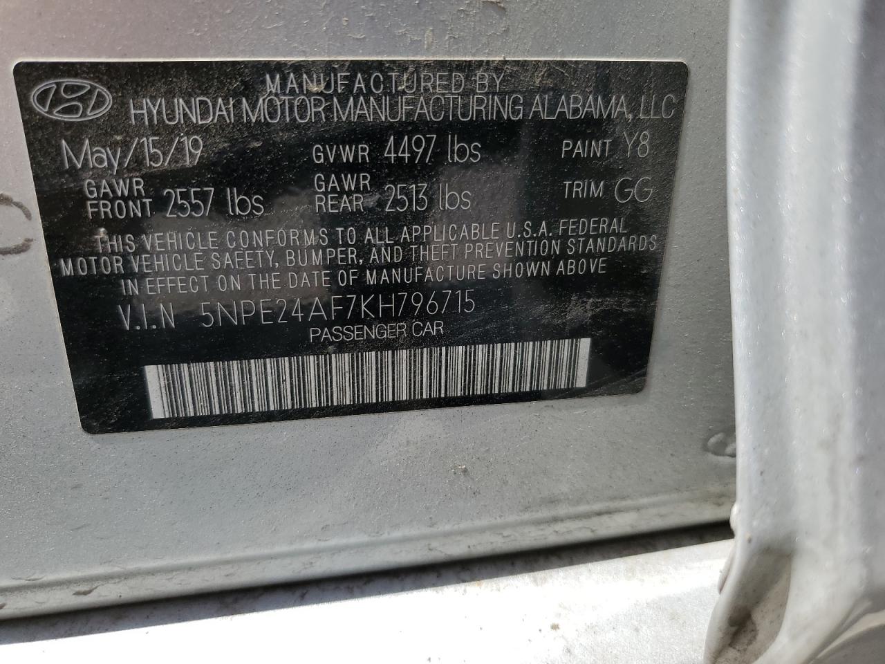 5NPE24AF7KH796715 2019 Hyundai Sonata Se