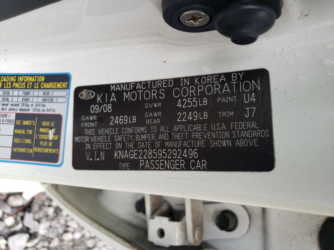 KNAGE228595292496 2009 Kia Optima Lx