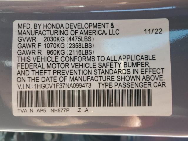 1HGCV1F37NA099473 | 2022 Honda accord sport