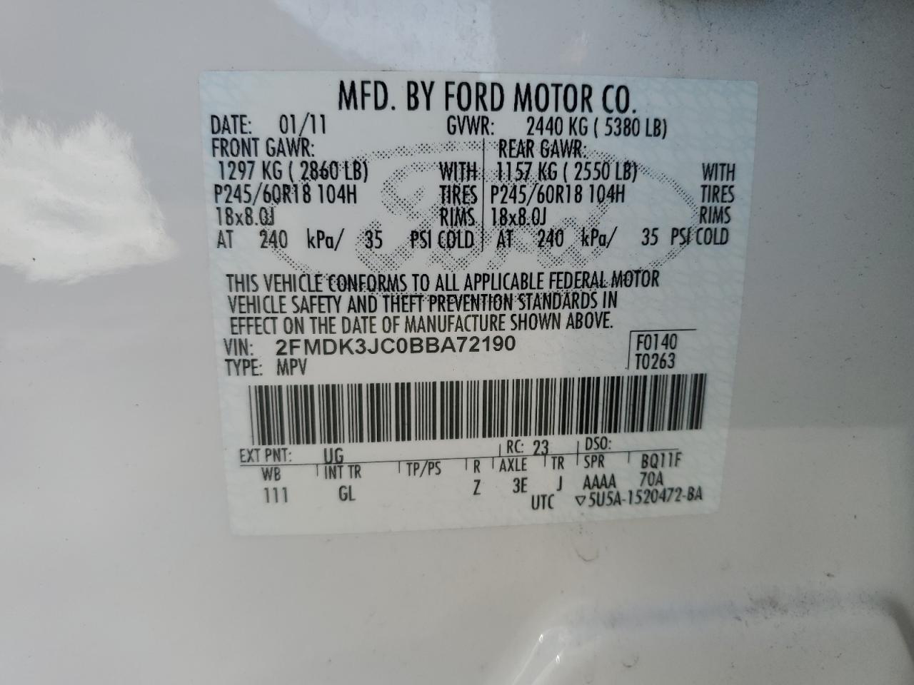 2FMDK3JC0BBA72190 2011 Ford Edge Sel