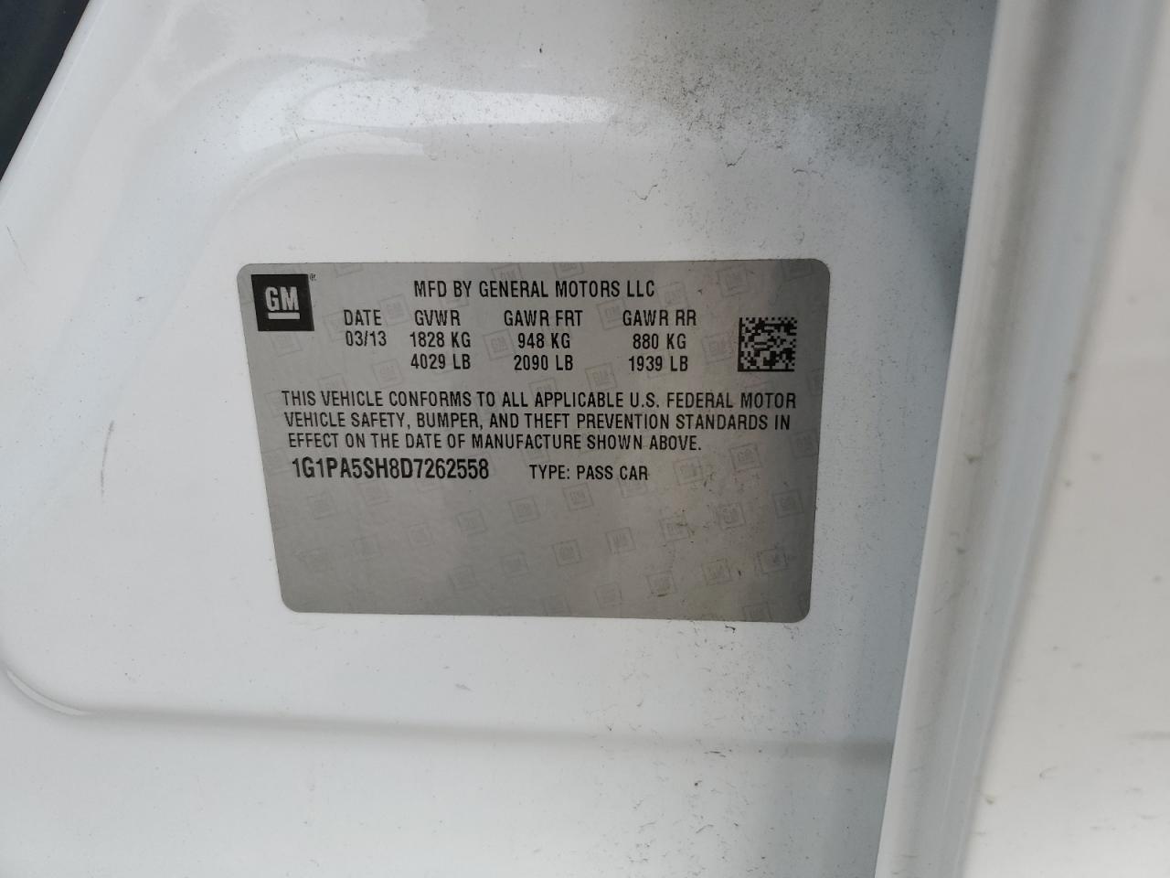 1G1PA5SH8D7262558 2013 Chevrolet Cruze Ls