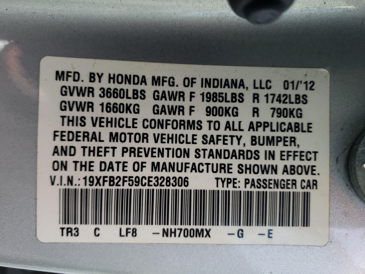 19XFB2F59CE328306 2012 Honda Civic Lx