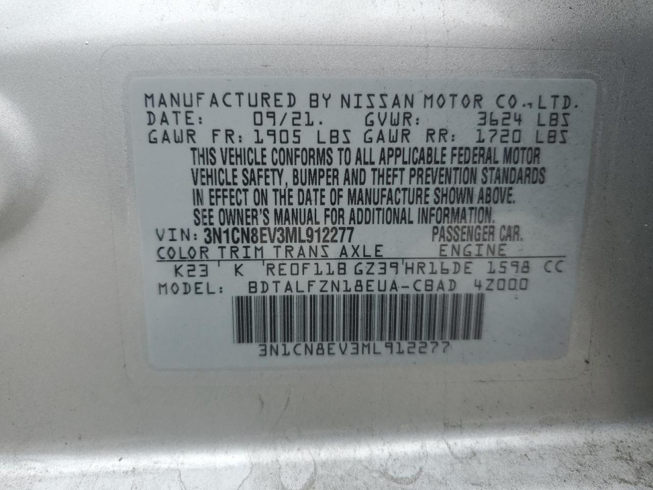 2021 Nissan Versa Sv vin: 3N1CN8EV3ML912277