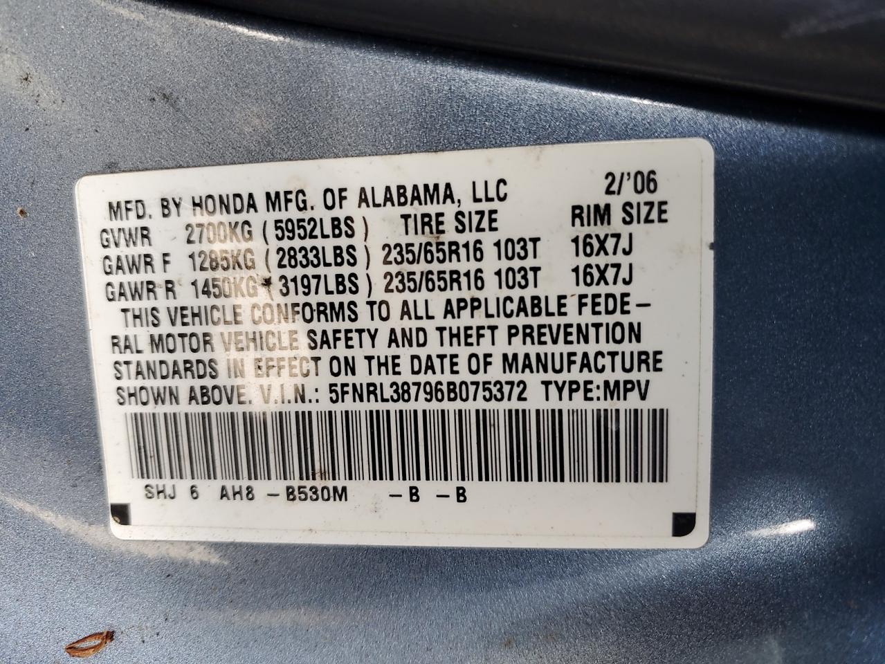 5FNRL38796B075372 2006 Honda Odyssey Exl