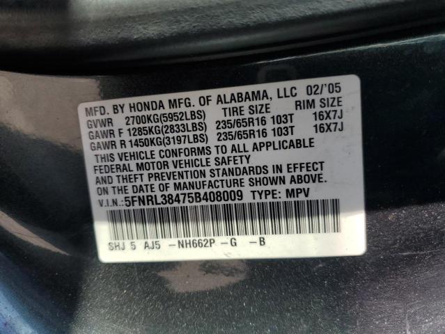 2005 Honda Odyssey Ex VIN: 5FNRL38475B408009 Lot: 50662464