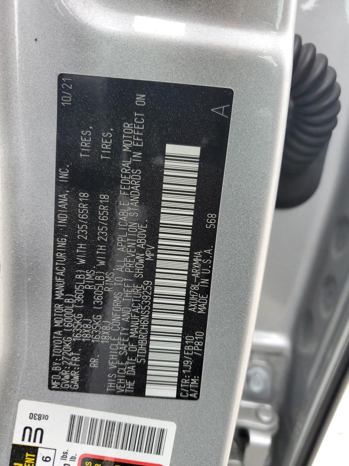 5TDHBRCH6NS539259 2022 Toyota Highlander Hybrid Xle