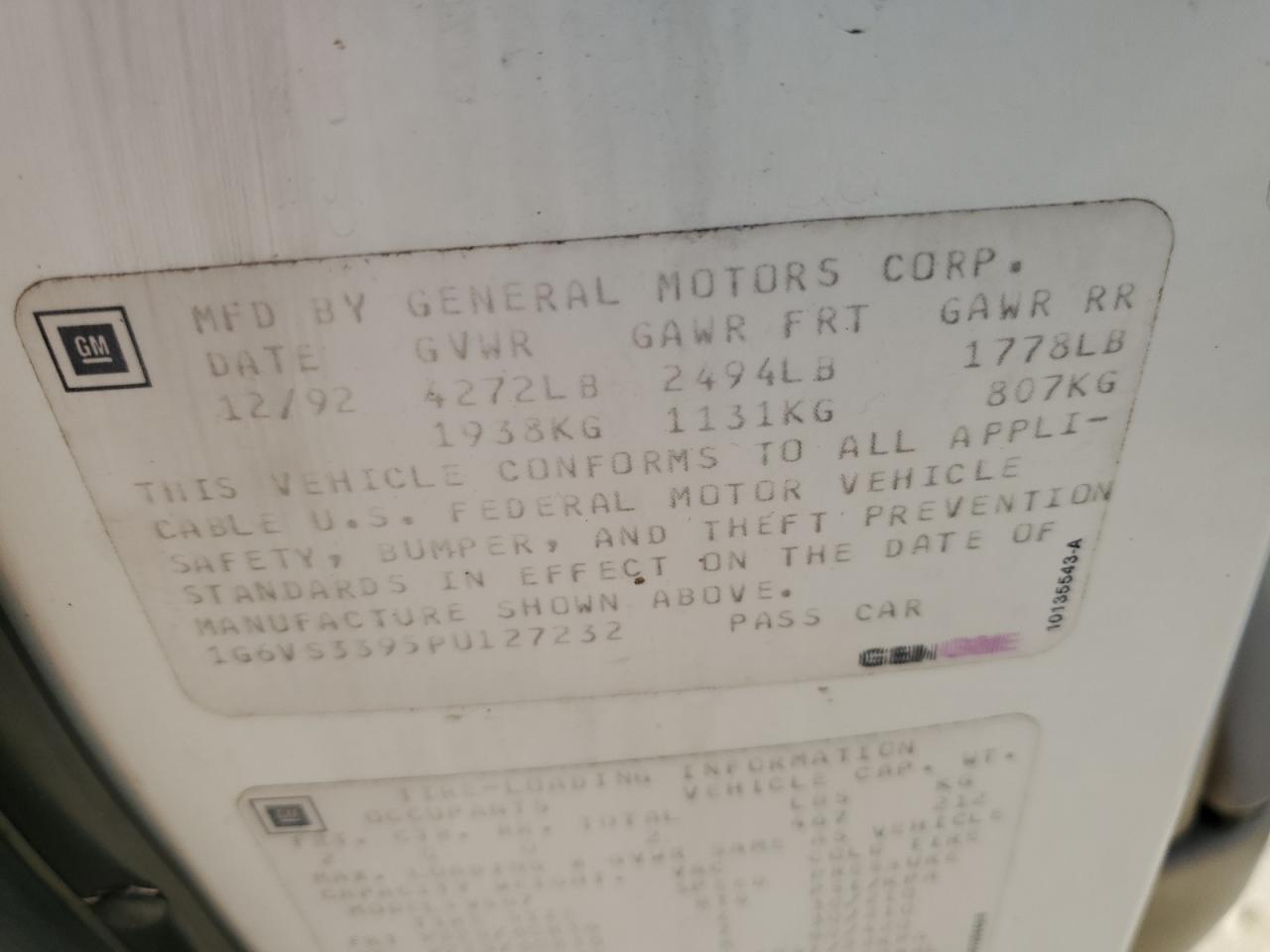 1G6VS3395PU127232 1993 Cadillac Allante