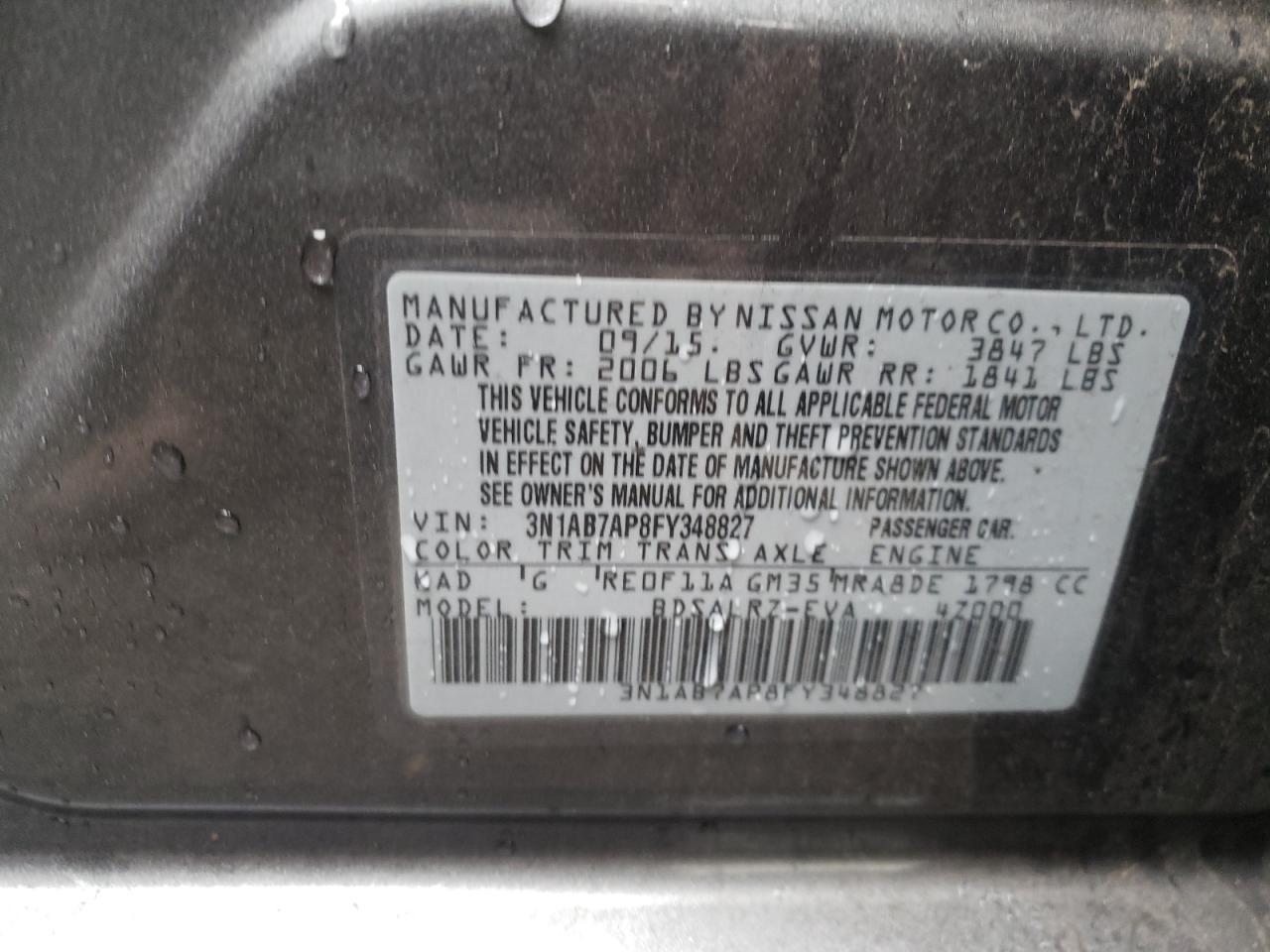 3N1AB7AP8FY348827 2015 Nissan Sentra S