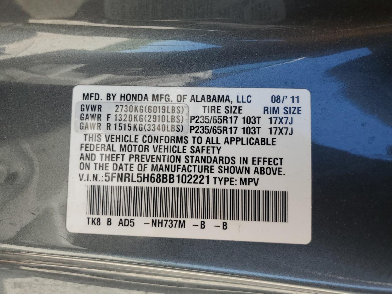 5FNRL5H68BB102221 2011 Honda Odyssey Exl