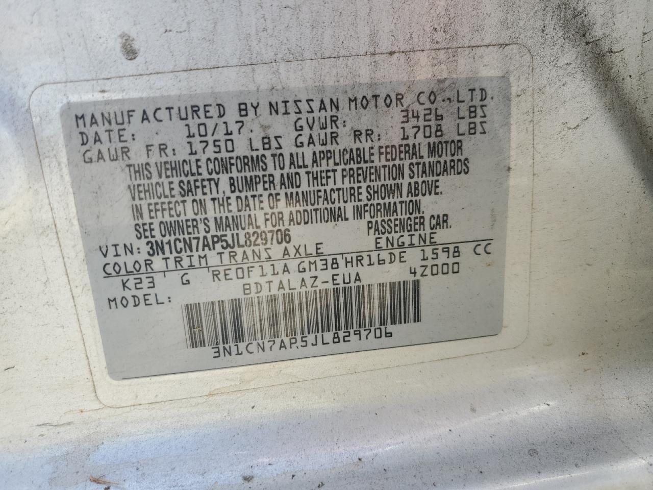 3N1CN7AP5JL829706 2018 Nissan Versa S