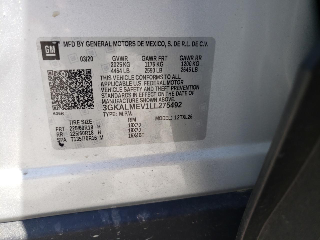 3GKALMEV1LL275492 2020 GMC Terrain Sle