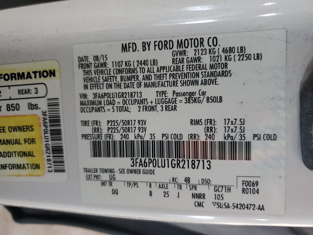 2016 Ford Fusion Se Hybrid vin: 3FA6P0LU1GR218713