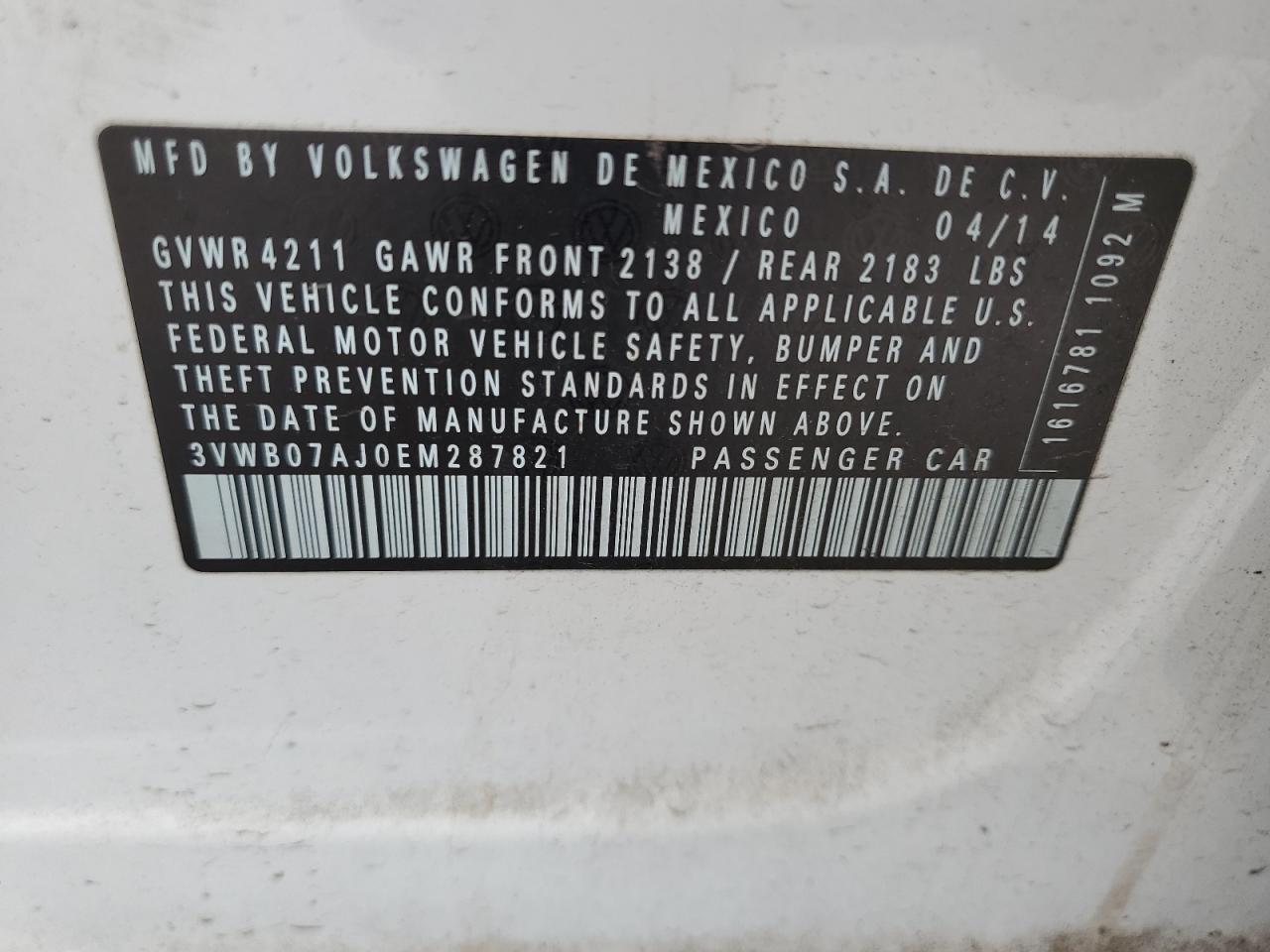 3VWB07AJ0EM287821 2014 Volkswagen Jetta Se