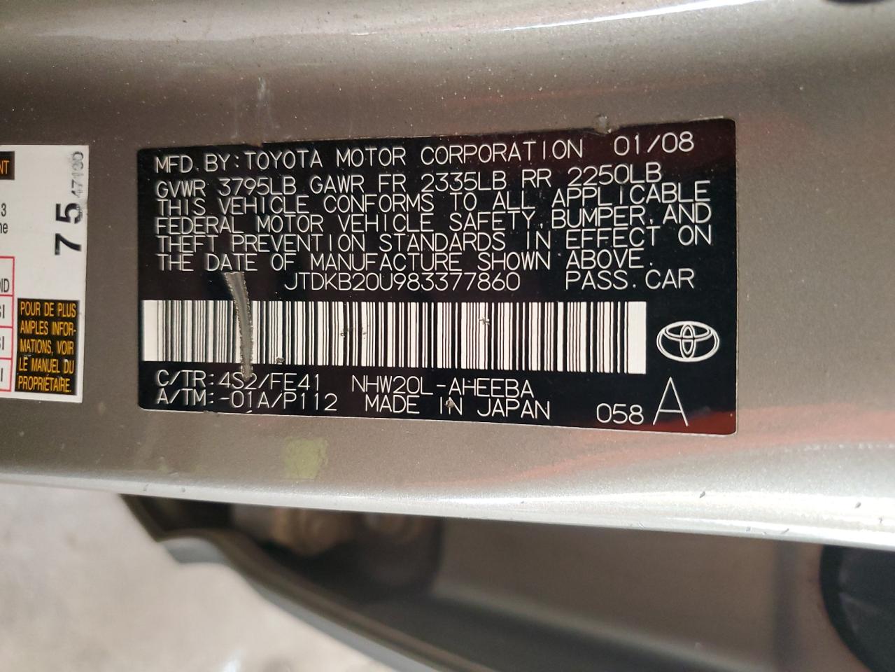 JTDKB20U983377860 2008 Toyota Prius