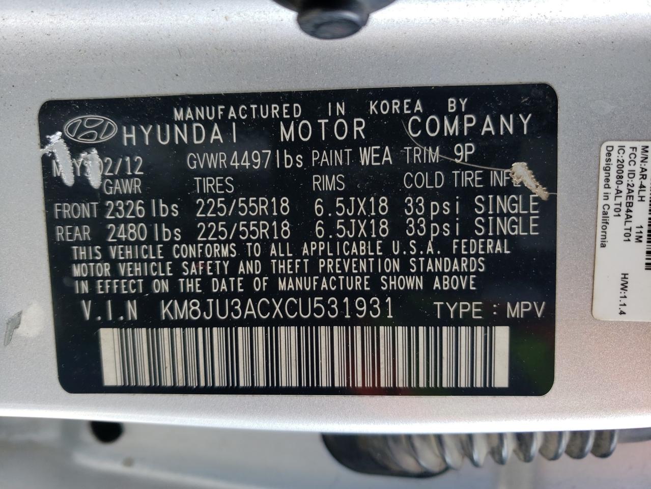 KM8JU3ACXCU531931 2012 Hyundai Tucson Gls