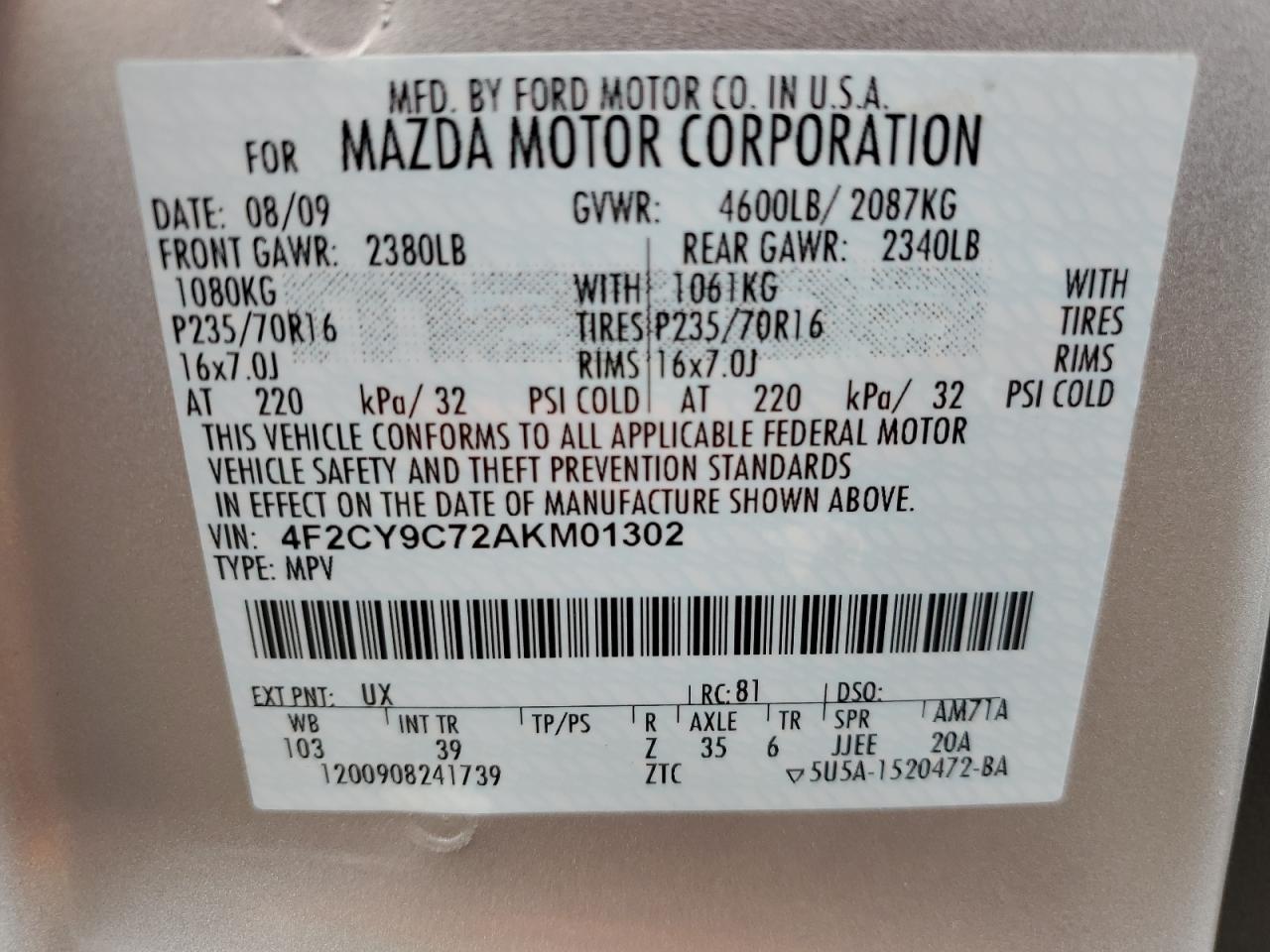 4F2CY9C72AKM01302 2010 Mazda Tribute I