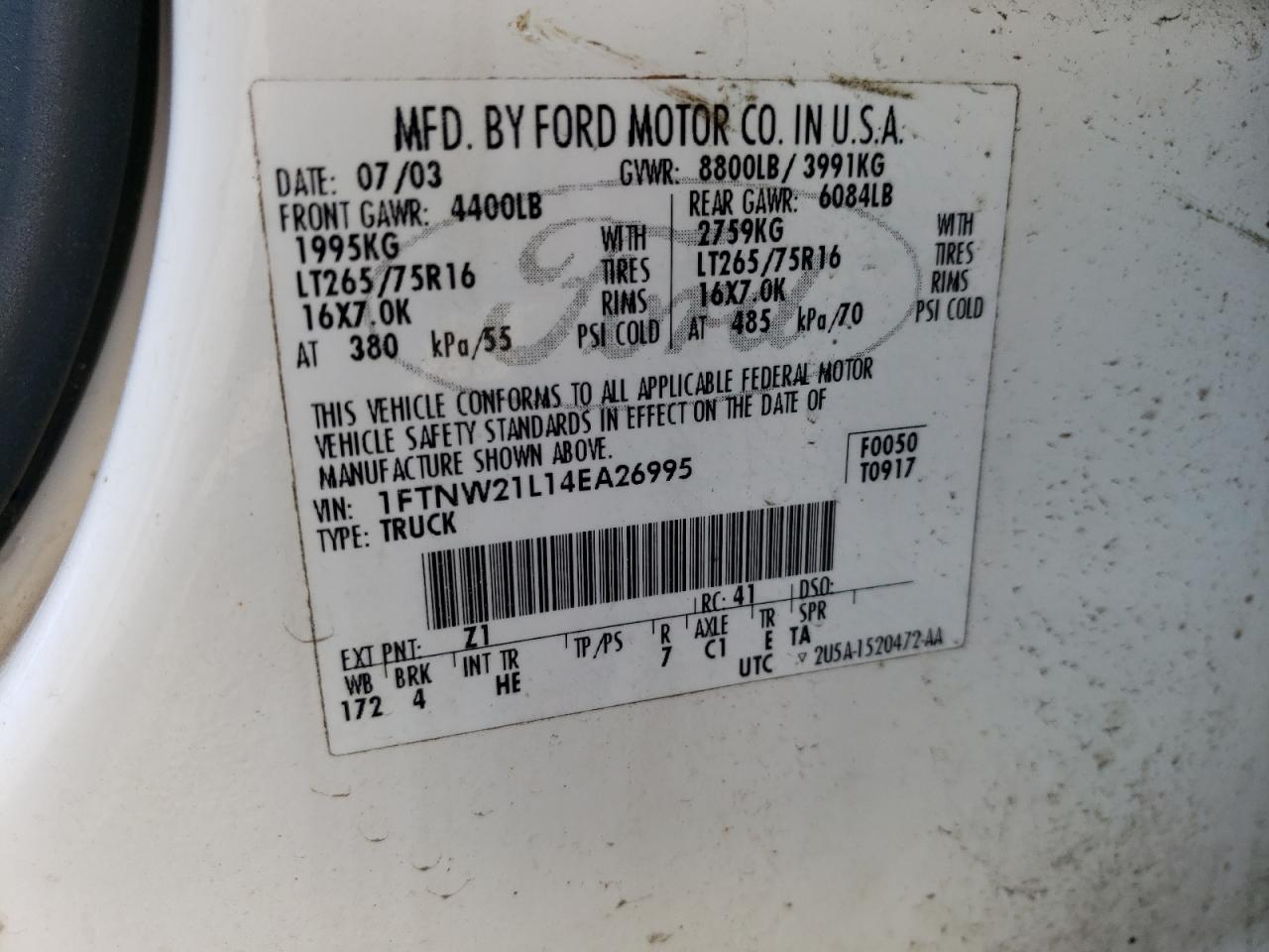 1FTNW21L14EA26995 2004 Ford F250 Super Duty