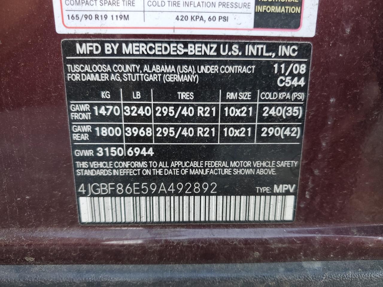 4JGBF86E59A492892 2009 Mercedes-Benz Gl 550 4Matic