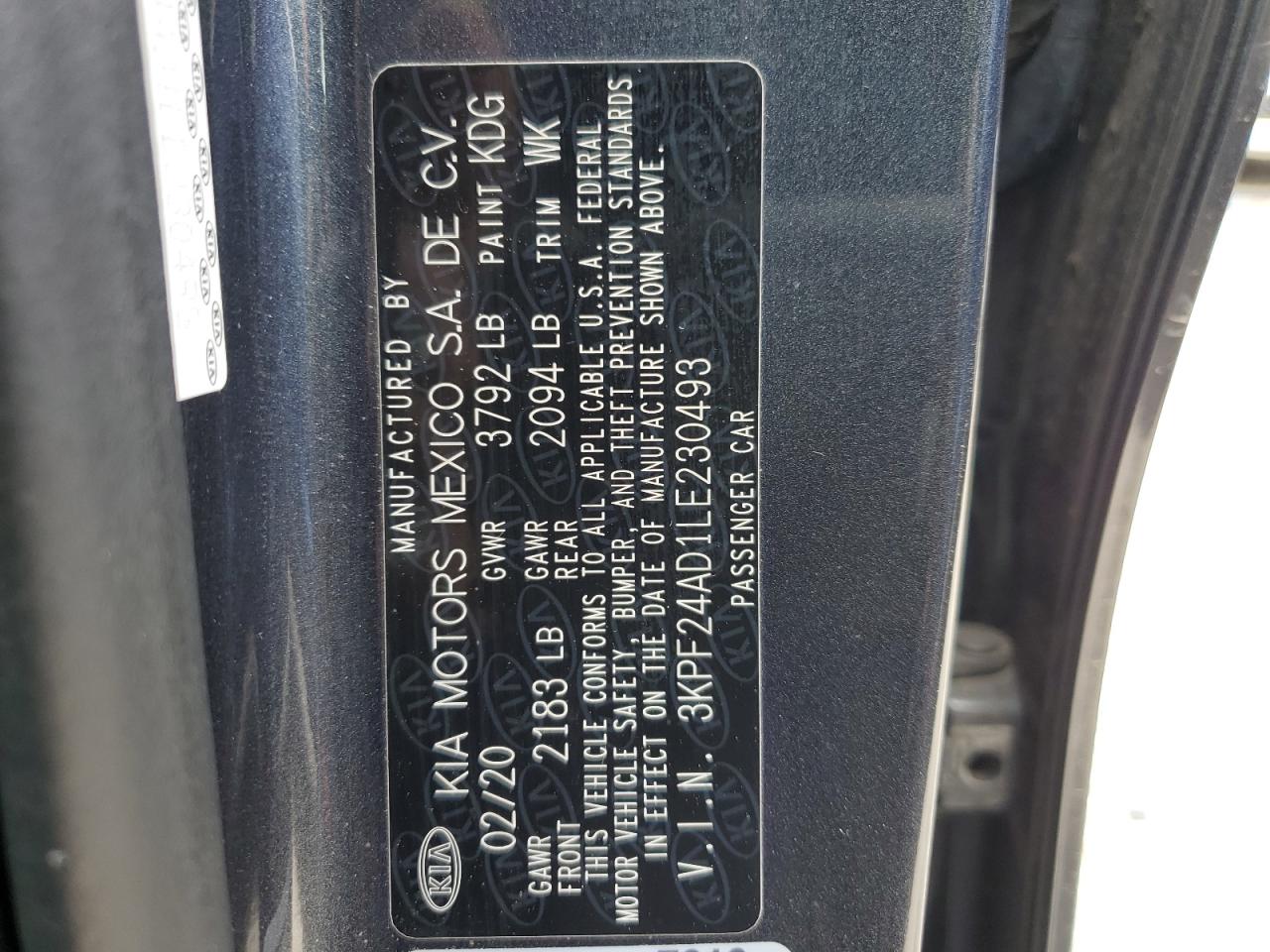 3KPF24AD1LE230493 2020 Kia Forte Fe