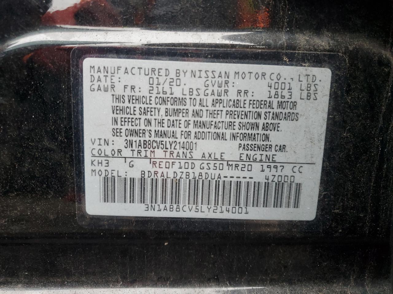 3N1AB8CV5LY214001 2020 Nissan Sentra Sv