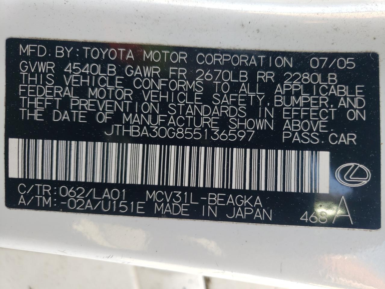 JTHBA30G855136597 2005 Lexus Es 330