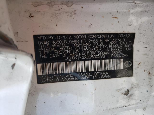 2012 Lexus Es 350 VIN: JTHBK1EGXC2500298 Lot: 50143624