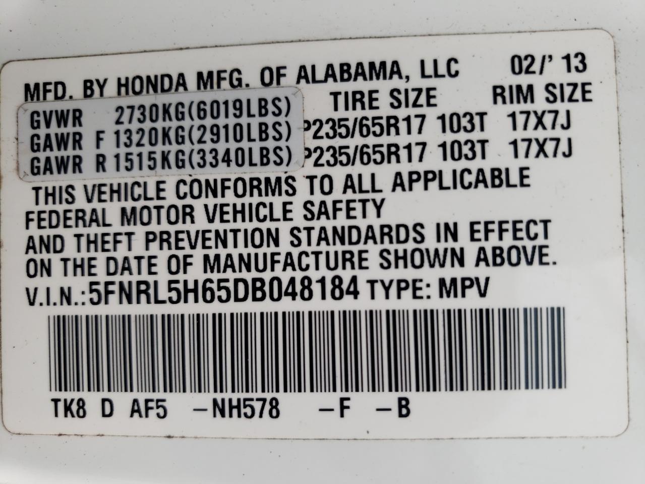 5FNRL5H65DB048184 2013 Honda Odyssey Exl