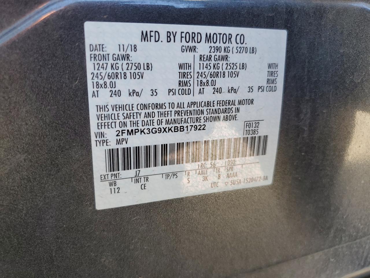 2019 Ford Edge Se vin: 2FMPK3G9XKBB17922